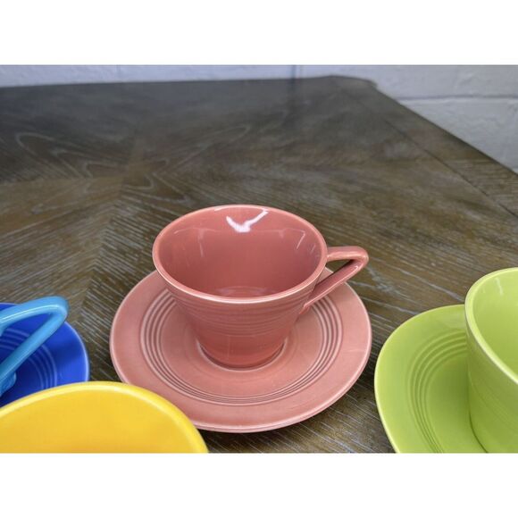 Homer Laughlin China - Harlequin 4 Cups 3 Saucers - Chartreuse Yellow Blue Rose - Picture 3 of 16